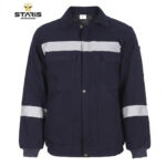 Navy work jacket with a horizontal light-gray reflective stripe across the chest and on the sleeves, two chest pockets, rib cuffs and hem.