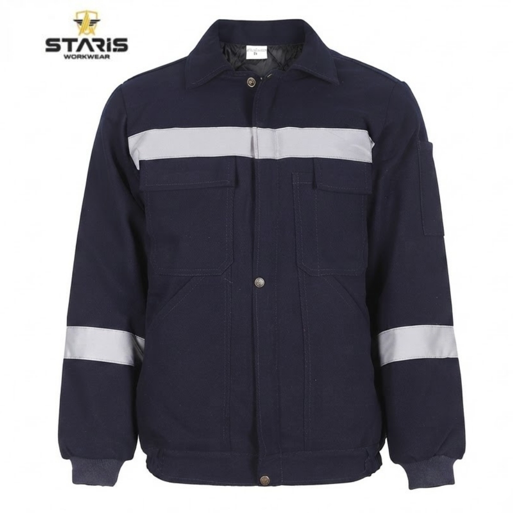 Navy work jacket with a horizontal light-gray reflective stripe across the chest and on the sleeves, two chest pockets, rib cuffs and hem.