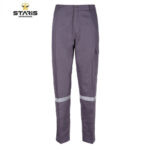 Purple work pants with reflective bands around the lower legs and a cargo pocket on the side, Staris Workwear logo in corner.