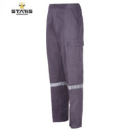 Grey cargo work pants with multiple pockets and a reflective stripe around the lower legs (Staris Workwear logo visible).
