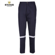 Navy work pants with a single cargo pocket on the right leg and a reflective stripe around the lower legs.