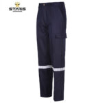 Navy work trousers with a reflective silver band around the lower legs and a cargo pocket on the right thigh.