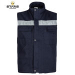 Navy blue sleeveless work vest with a light gray reflective stripe across the chest and two front pockets, by Staris Workwear.