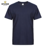 Navy blue V-neck short-sleeve T-shirt with Staris Workwear logo in the top-left corner.