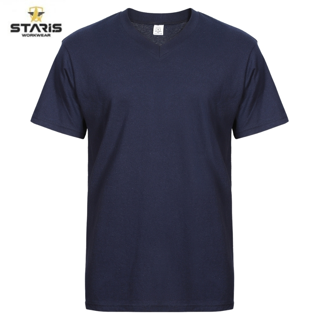 Navy blue V-neck short-sleeve T-shirt with Staris Workwear logo in the top-left corner.