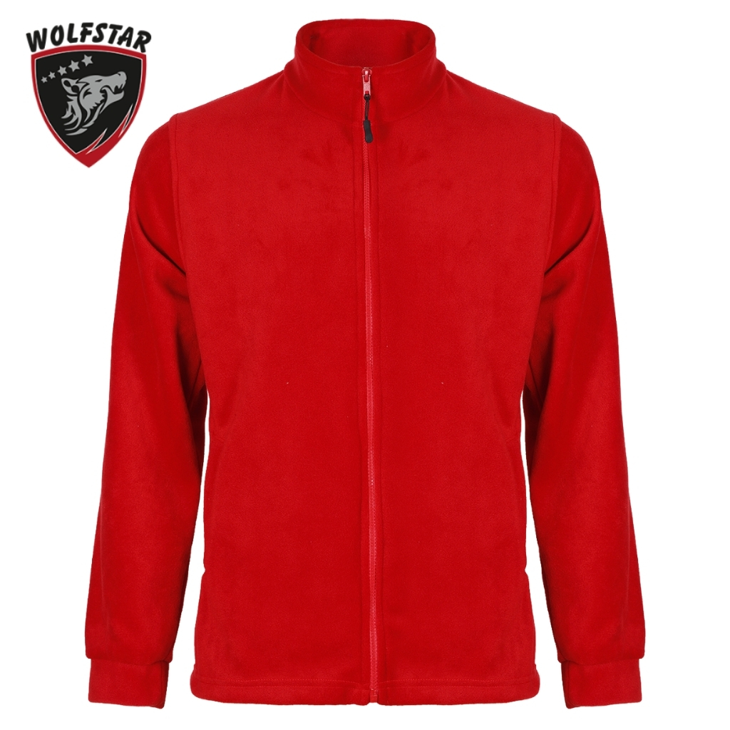 Red zip-up fleece jacket on a white background with a Wolfstar logo in the top-left corner.