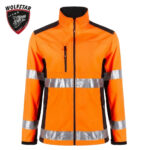 Orange high-visibility jacket with reflective silver bands and front zipper, chest pocket visible, black accents on shoulders.