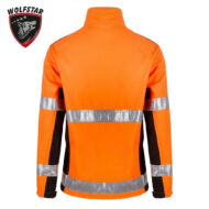 Back view of a bright orange hi-vis safety jacket with reflective bands around the torso and sleeves, Wolfstar logo in the top-left corner