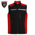Black and red outdoor vest with multiple zip pockets and a stand collar, Wolfstar logo in the top-left corner.