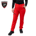 Model wearing red outdoor pants with black zip pockets and a black top; Wolfstar logo appears in the top left corner